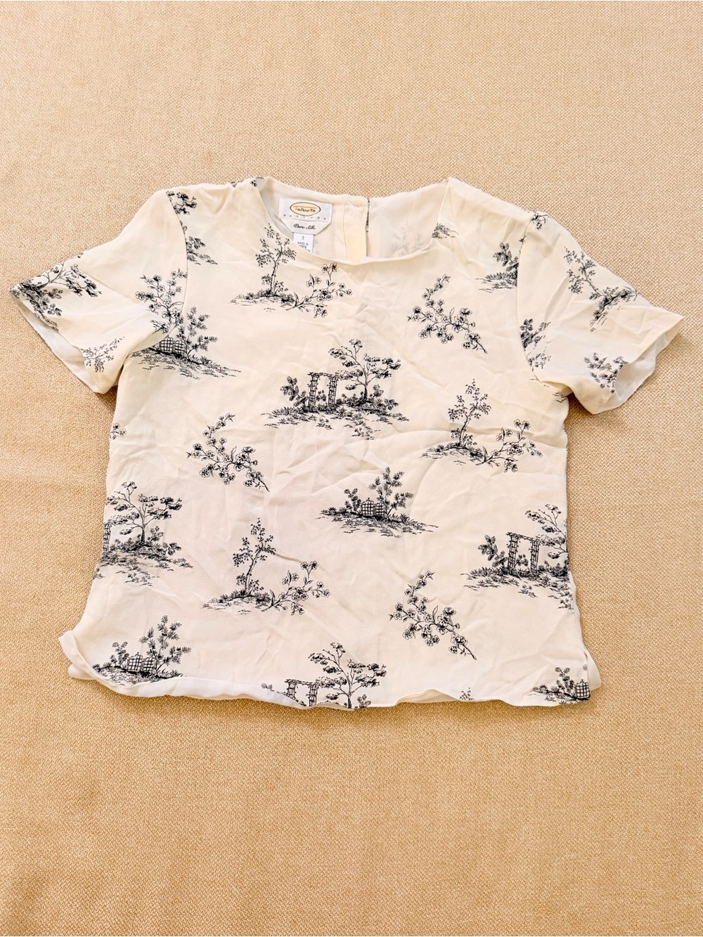 Talbots Ivory Pure Silk Blouse with Black Toile Print Size 2